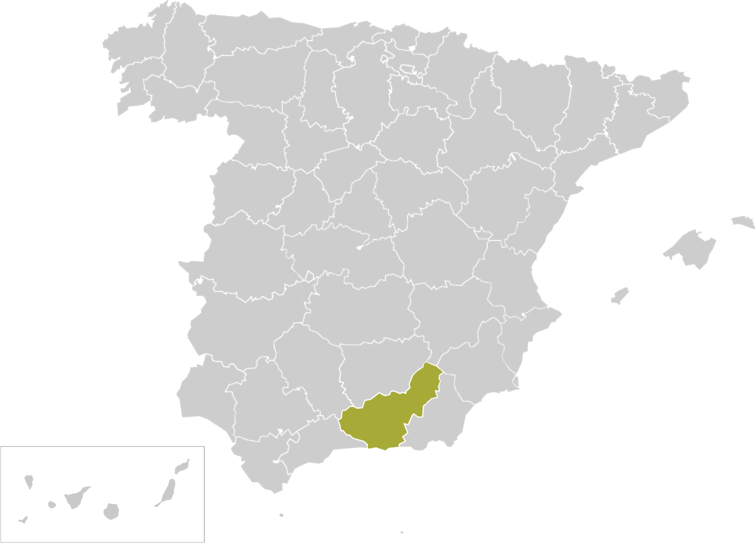 Mapa de España. Marcada en verde la provincia de Granada.