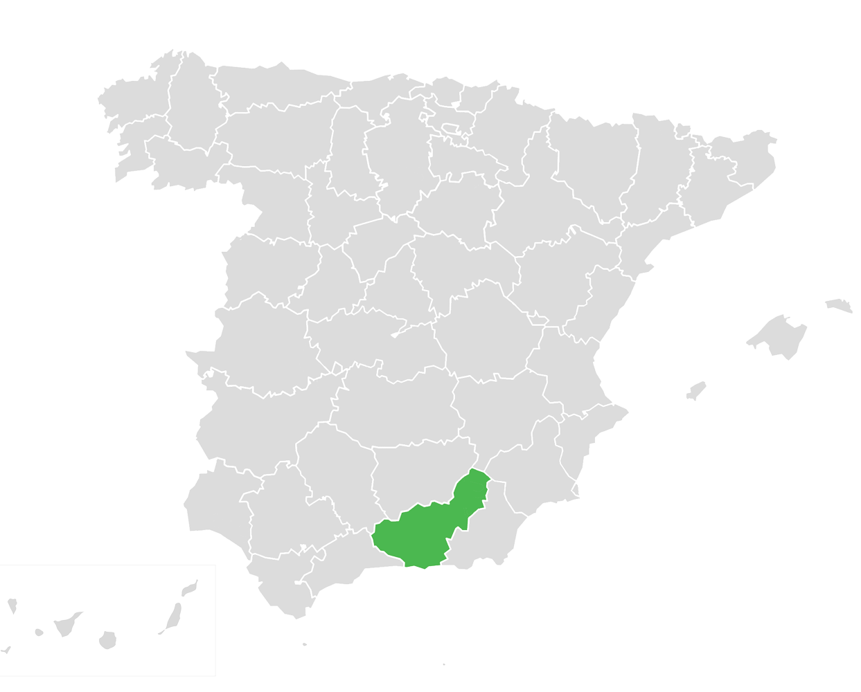 Mapa de España. Marcada en verde la provincia de Granada.